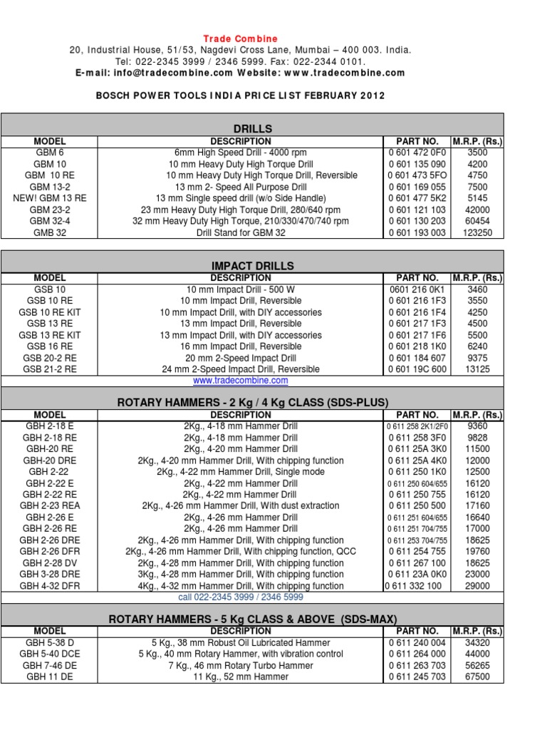 Bosch Power Tools India Price List February 2012 Drill Lithium Ion