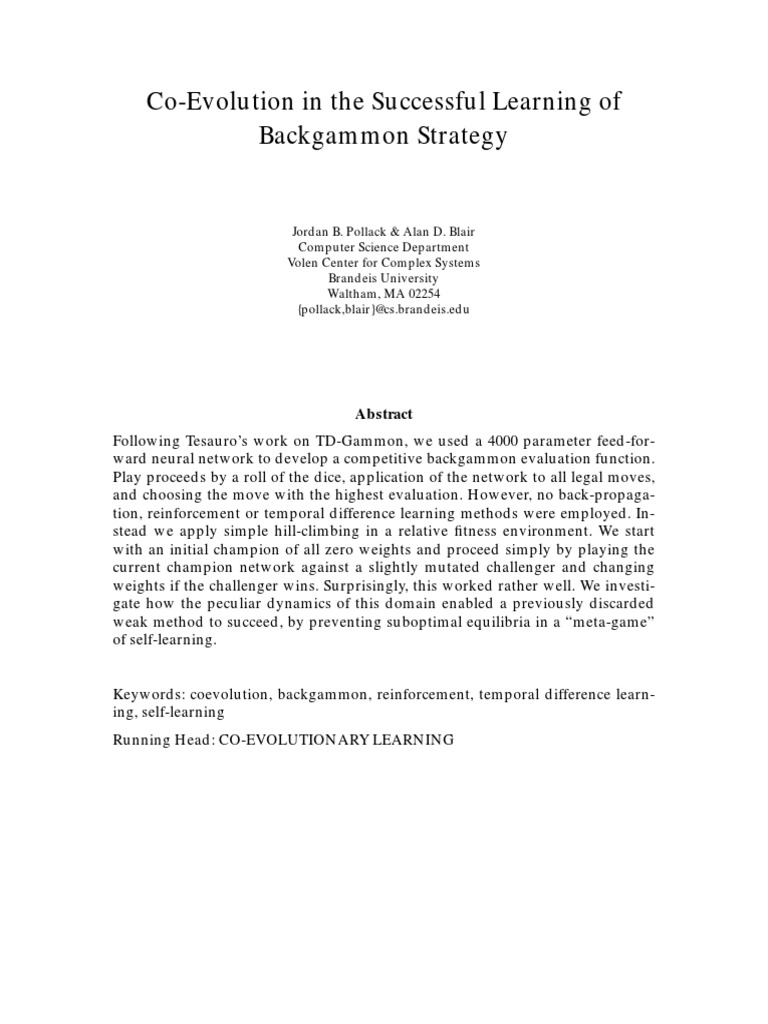 Backgammon Strategy PDF Machine Learning Randomness