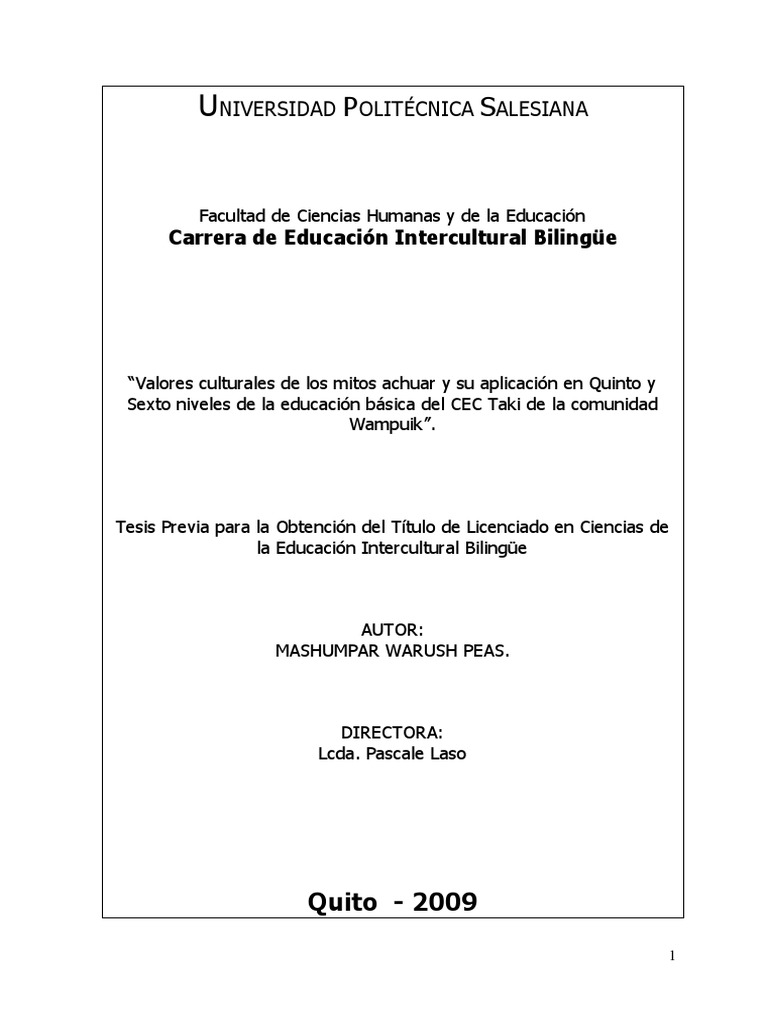Valores Culturales De Los Mitos Achuar Y Su Apliacion En Educacion