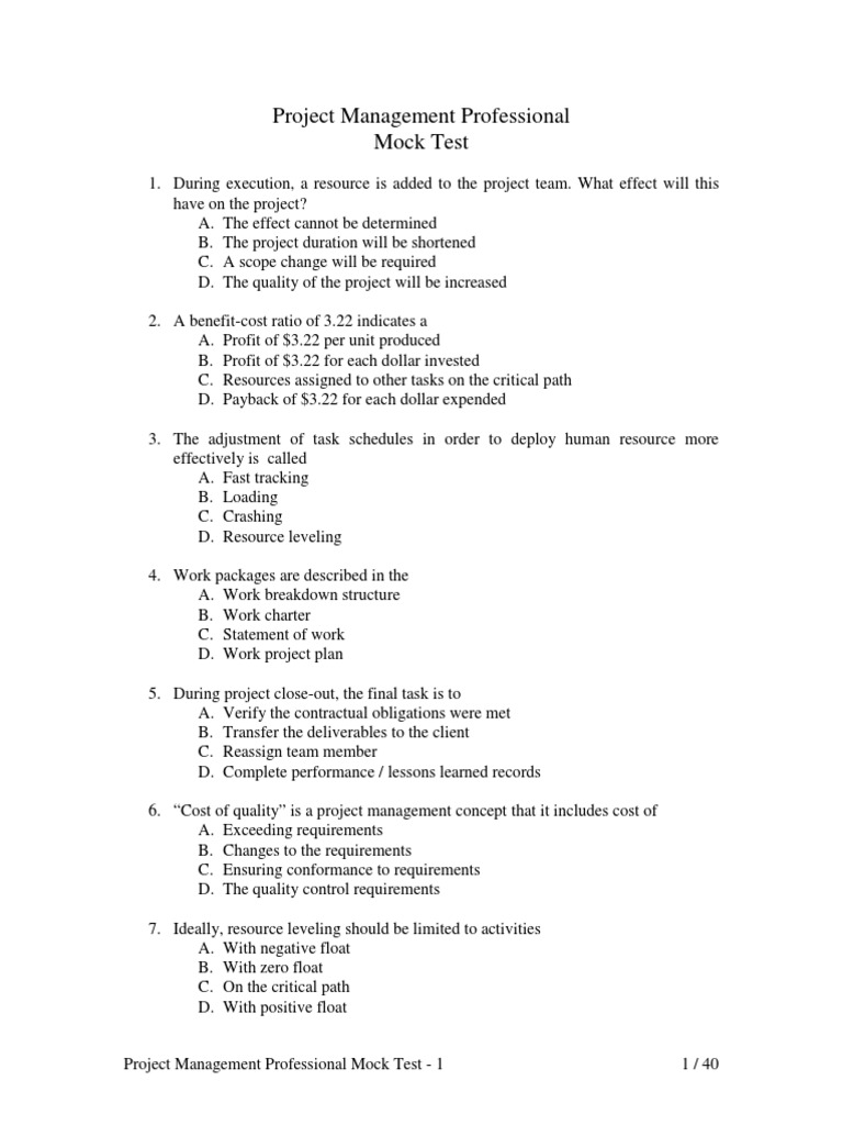 PMP Mock Test | PDF | Project Management | Risk
