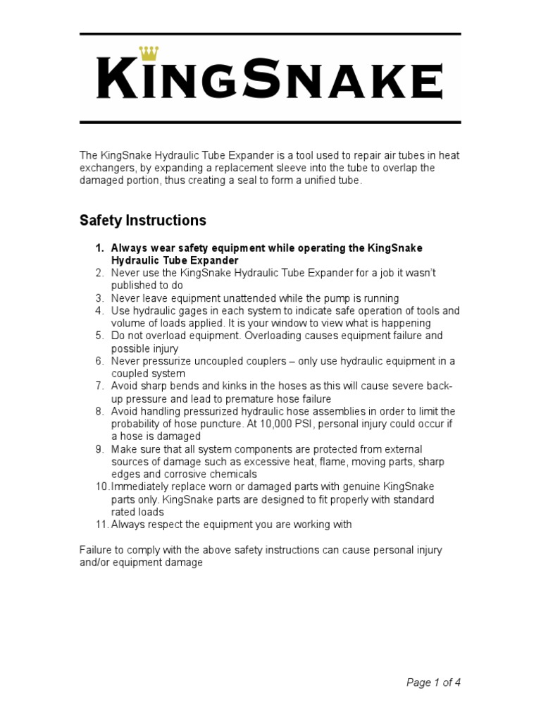 Kingsnake Instructions PDF Pump Hydraulic Engineering