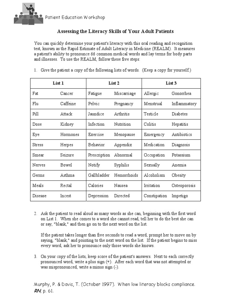 REALM Literacy Test Literacy Rtt