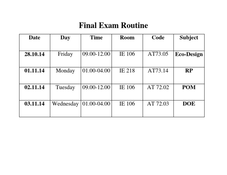 Final Exam Routine: Date Day Time Room Code Subject | PDF | Science ...