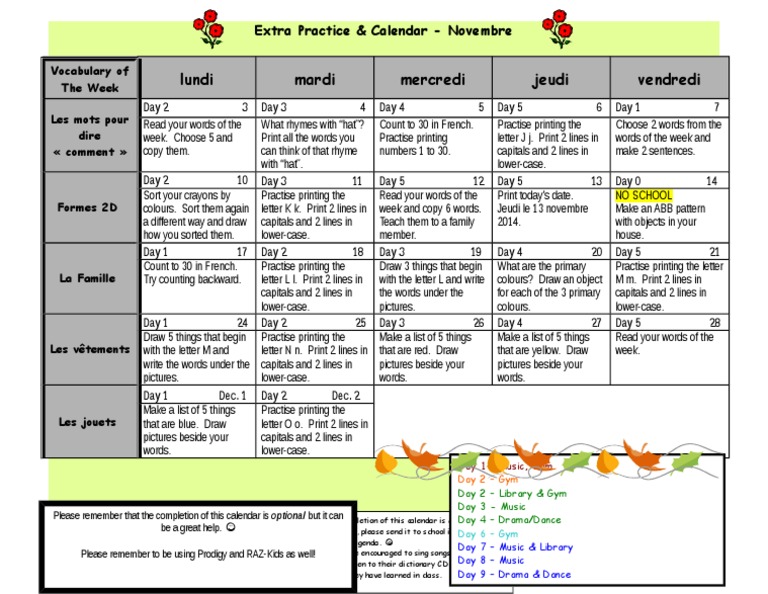 November Vocabulary Practice Calendar | PDF | Foreign Language Studies