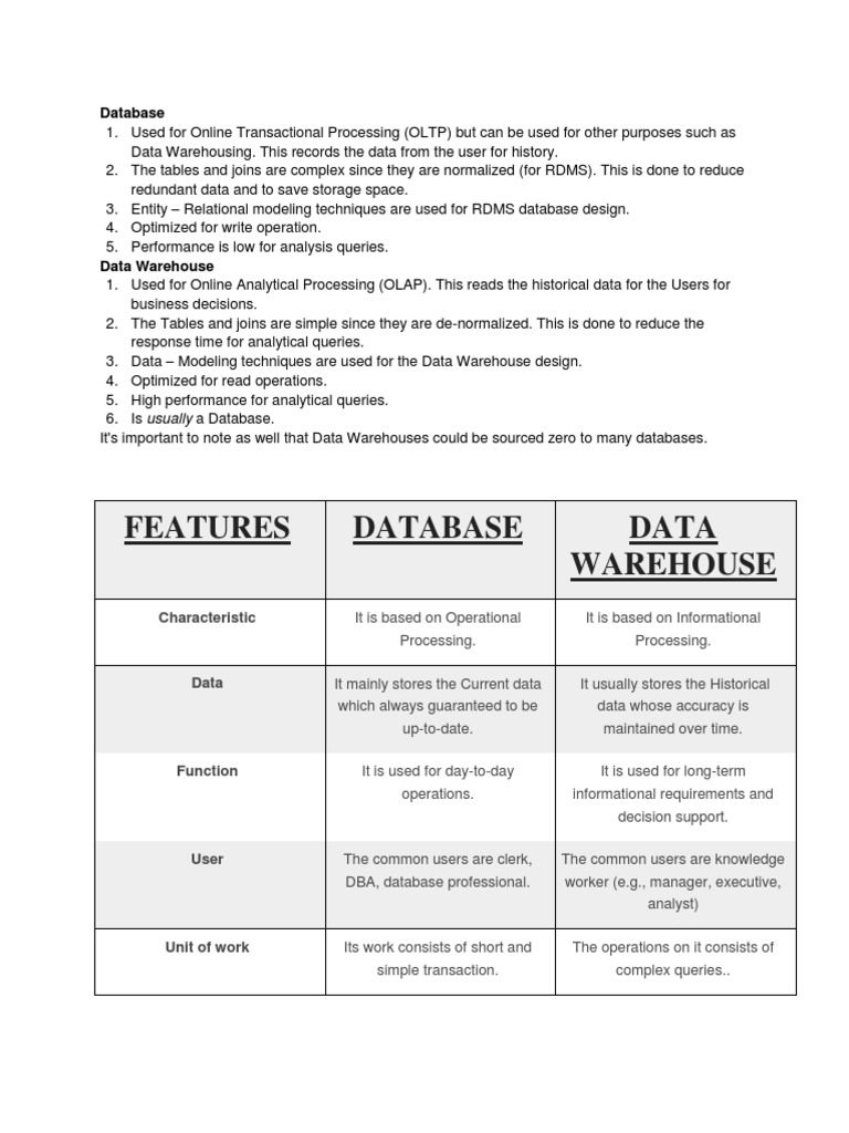 Database vs Data Warehouse Differences | PDF | Data Warehouse ...
