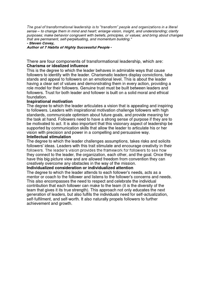 The Goal Of Transformational Leadership Pdf Transformational