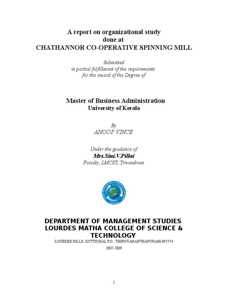 A Report On Organizational Study Done at CHATHANNOR COOPERATIVE