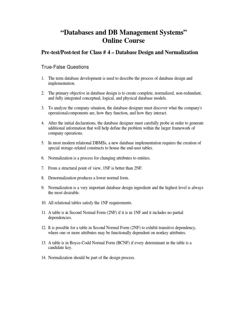 Database Design and Normalization Quiz | PDF | Database Design | Databases