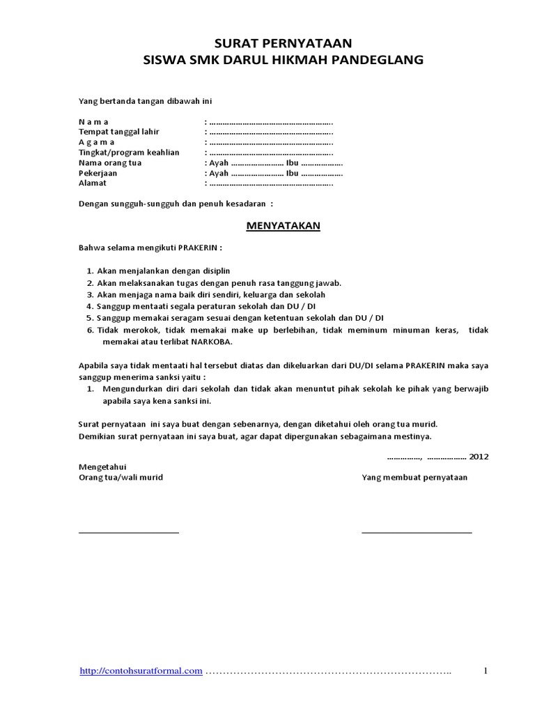 Contoh Surat Pernyataan Prakerin Atau Pkl Siswa Pdf