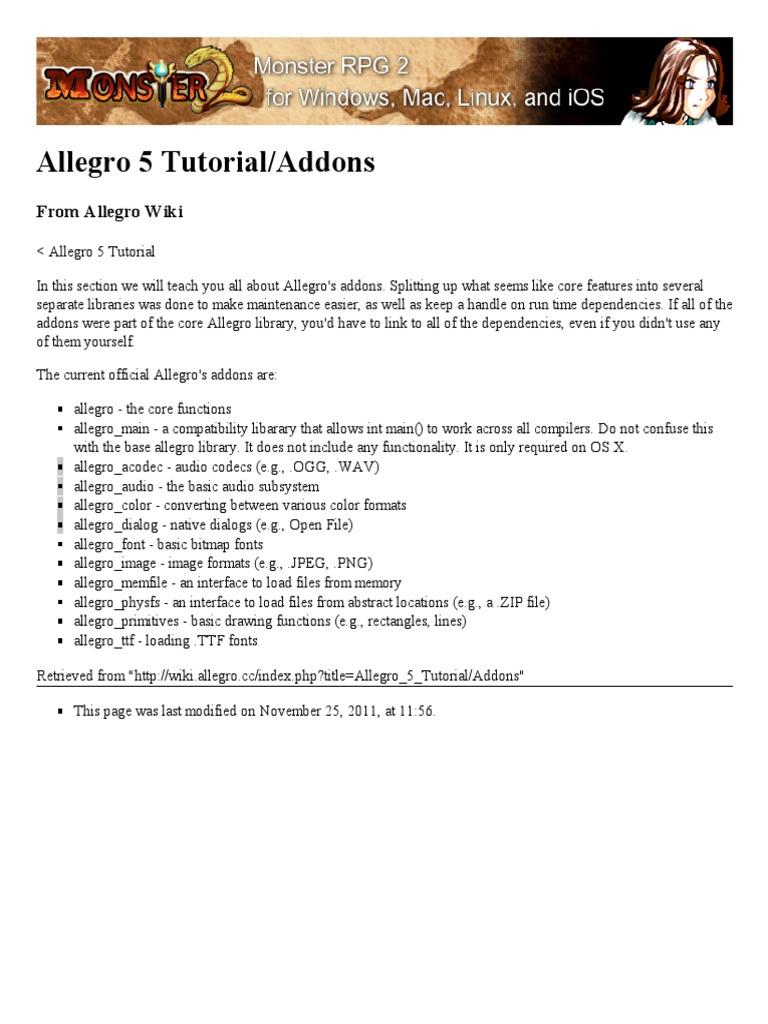 Allegro 5 Tutorial - Addons - Allegro Wiki | PDF