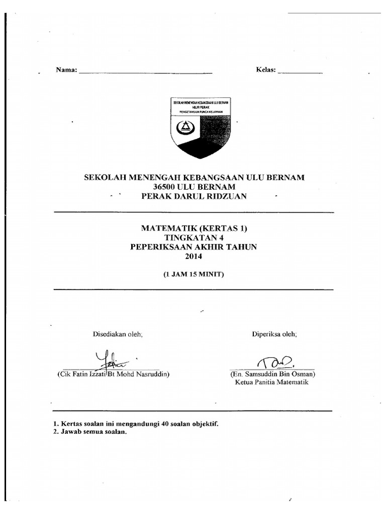 Peperiksaan Akhir Tahun Matematik Tingkatan 4