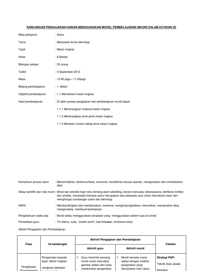 Rancangan Pengajaran Harian Menggunakan Model Pembelajaran  Rancangan Pengajaran Harian Menggunakan Model Pembelajaran