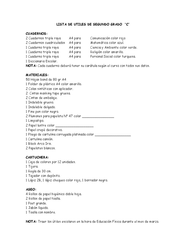 Lista de Útiles para Segundo Grado C | PDF