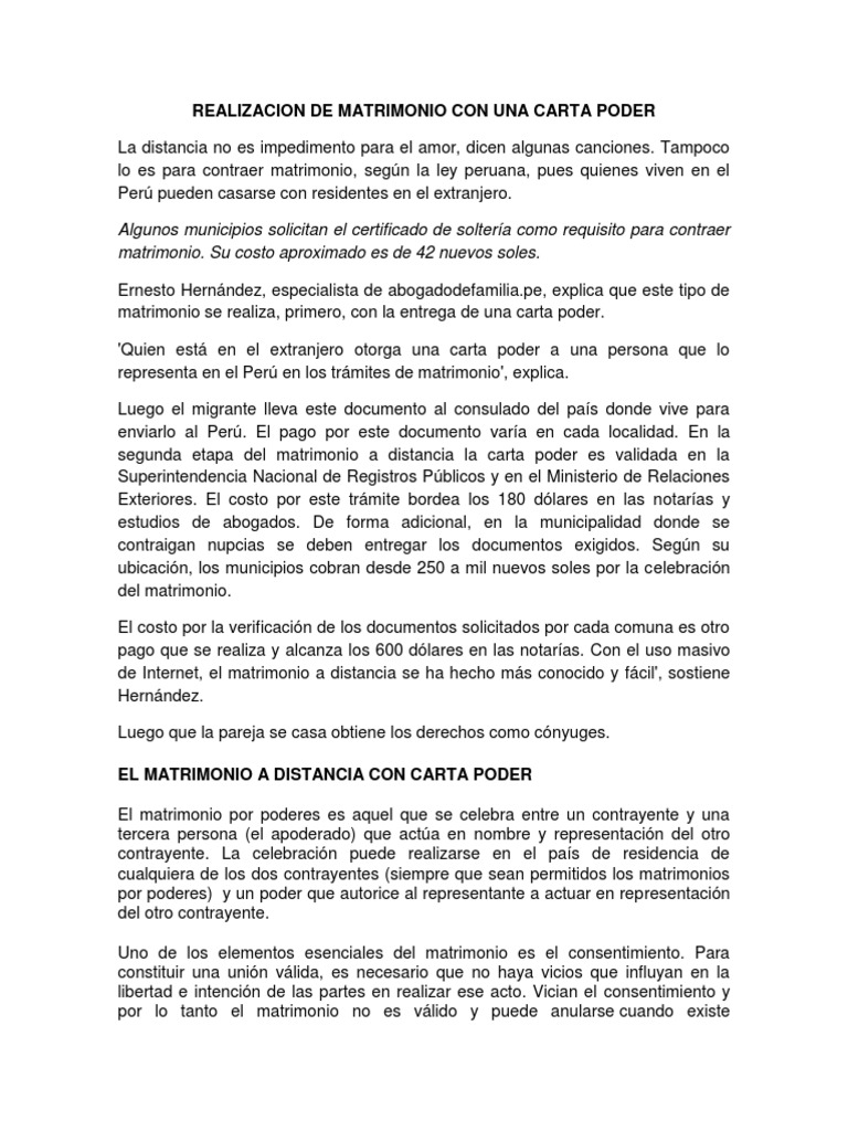 Realizacion de Matrimonio Con Una Carta Poder Matrimonio Divorcio