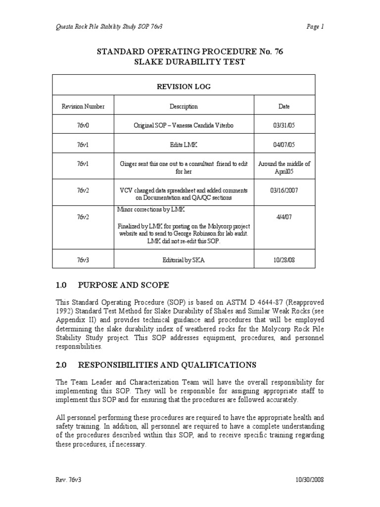 Slake Durability Test SOP 76v3 | PDF | Geotechnical Engineering | Science