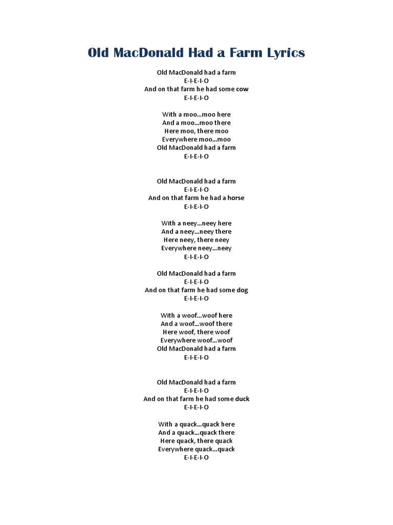 Old MacDonald Had a Farm Lyrics Old Mac Donald Had A Farm