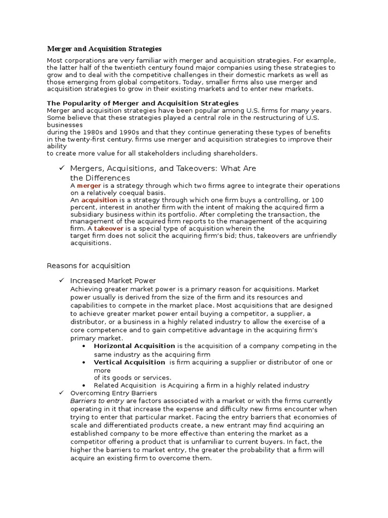 Mergers and Acquisition Strategies Explained | PDF | Mergers And ...