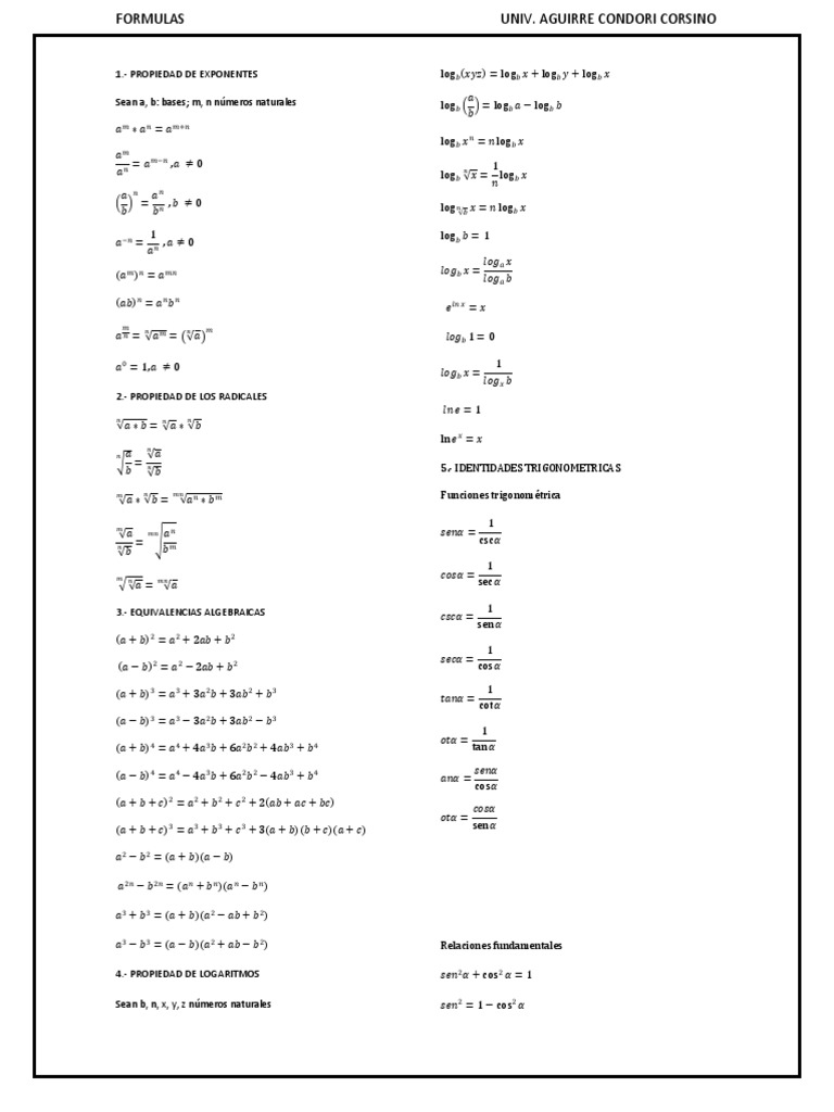 Formulas Algebraicas PDF | PDF