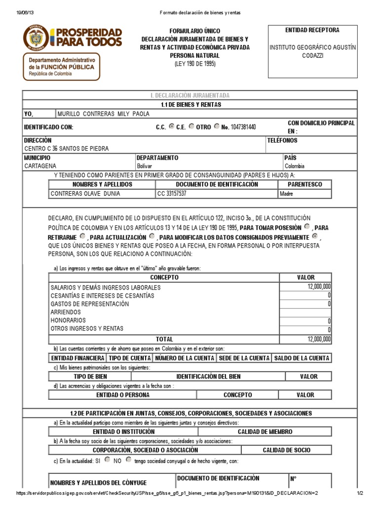 Formato Declaración de Bienes y Rentas