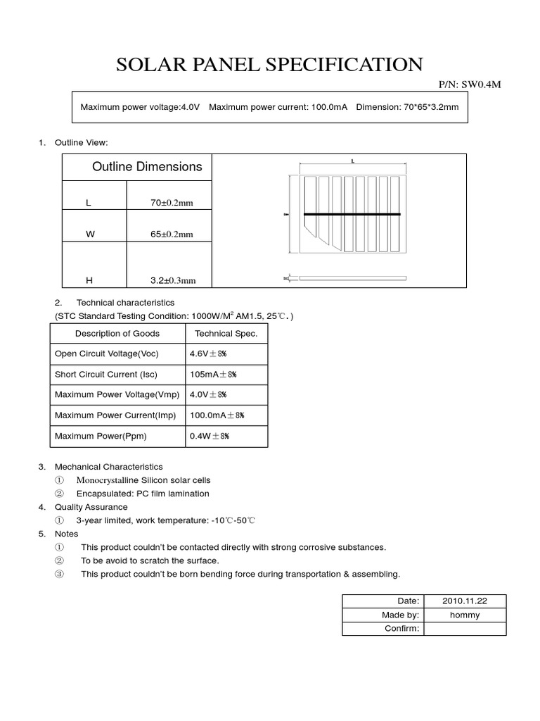 Solar Panel Specification: Outline Dimensions | PDF | Science & Mathematics