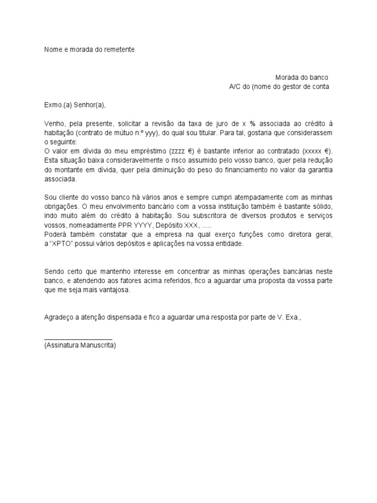 Modelo de Carta Pedido de Reducao de Taxa Do Emprestimo  Empréstimos
