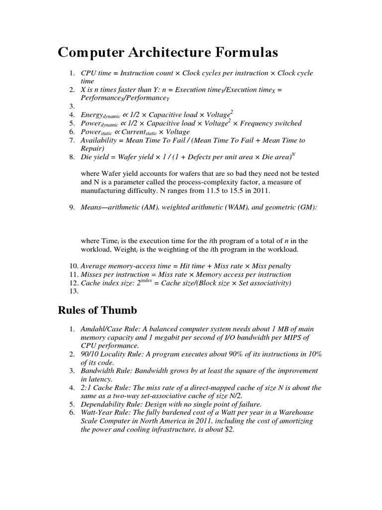 Key Computer Architecture Formulas | PDF