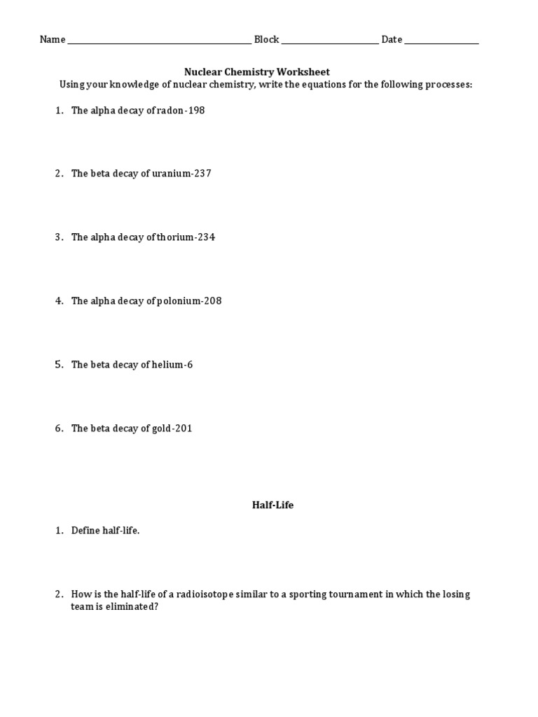 Nuclear Chemistry Worksheet