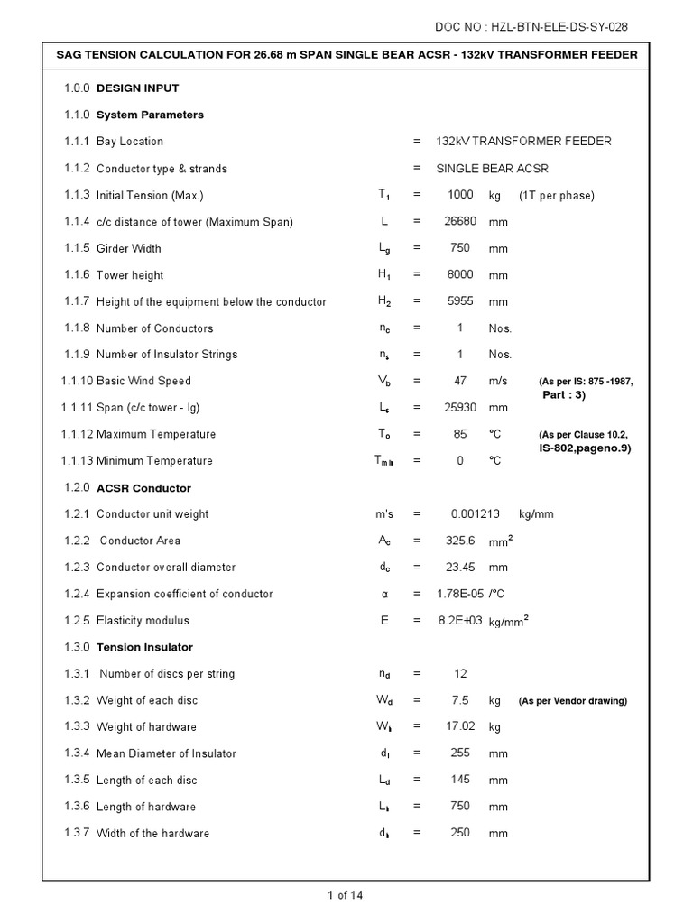 132kV SAG Calculation Physical Quantities Nature