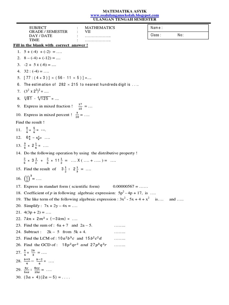 Soal Uts Matematika Smp Kelas 7 Semester 1 Pdf