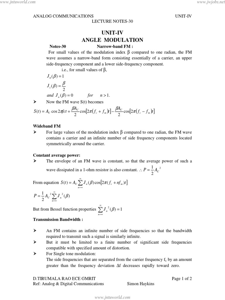 Unit-Iv Angle Modulation: Notes-30 Narrow-Band FM | PDF