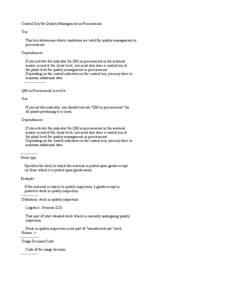 Control Key For Quality Management in Procurement | PDF
