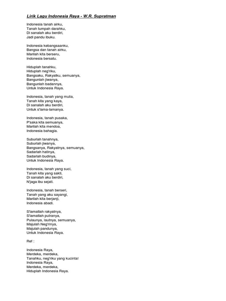 Lirik Lengkap Indonesia Raya | PDF | Kajian Bahasa Asing | Seni