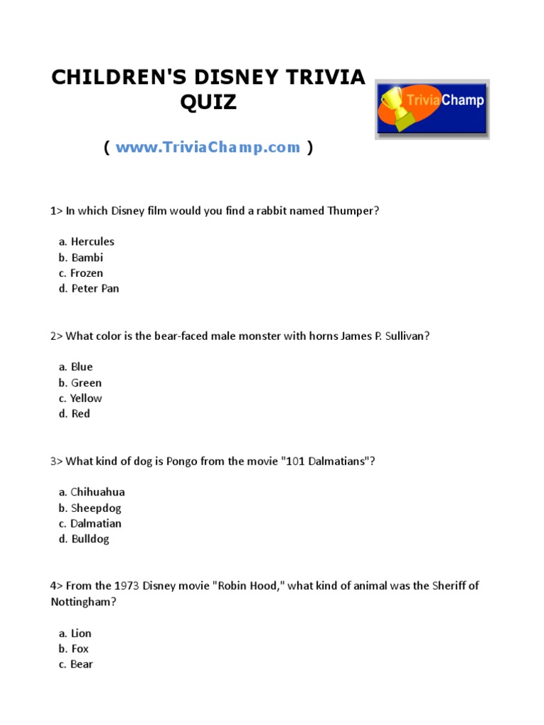 Childrens Disney Trivia Quiz The Walt Disney Company Animated Films