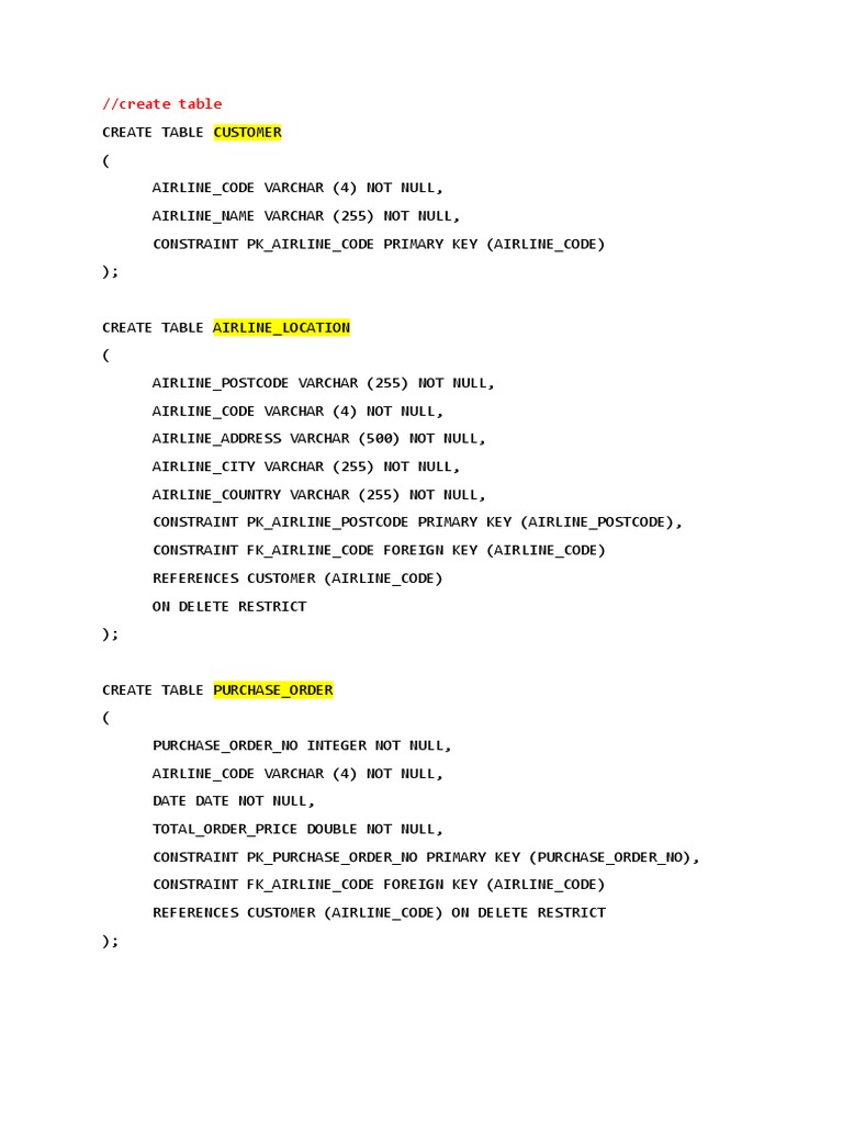 SQL Schema for Airline Database | PDF