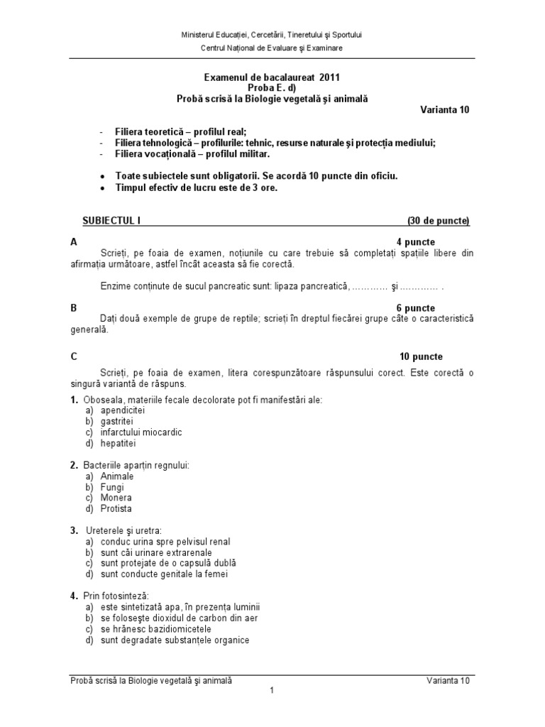 variante bac 2011 biologie vegetala si animala