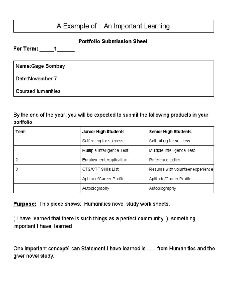 A Example Of: An Important Learning: Portfolio Submission Sheet For ...