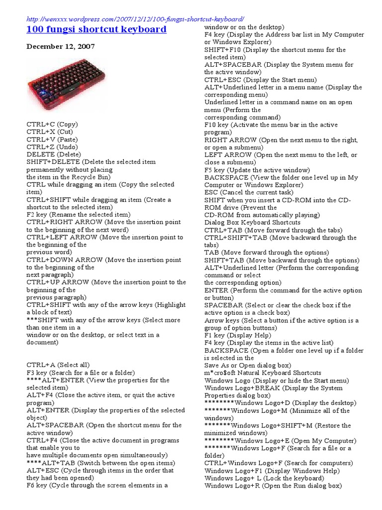 100 Keyboard Shortcut Functions | PDF | Window (Computing) | Command ...