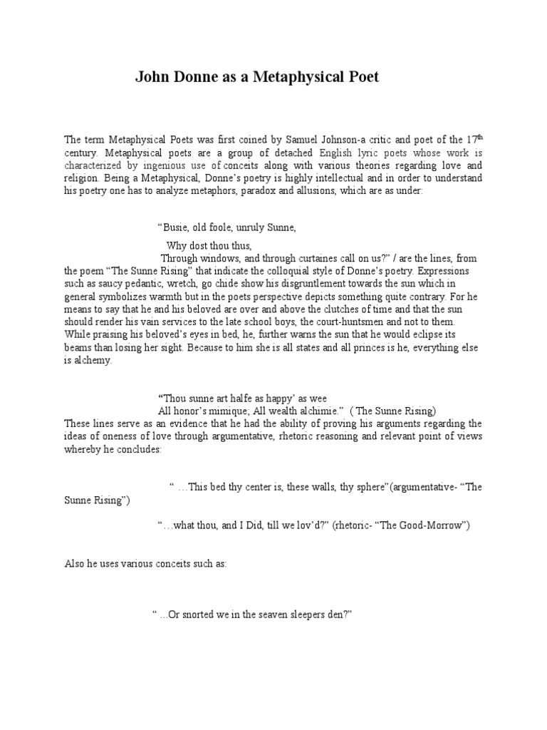 John Donne As A Metaphysical Poet English Lyric Poets Whose Work Is Characterized by Ingenious