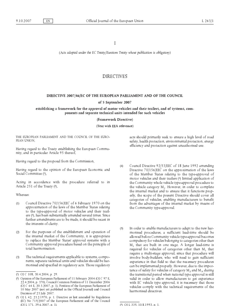 Directive 2007/46 EC | Directive (European Union) | European Economic ...