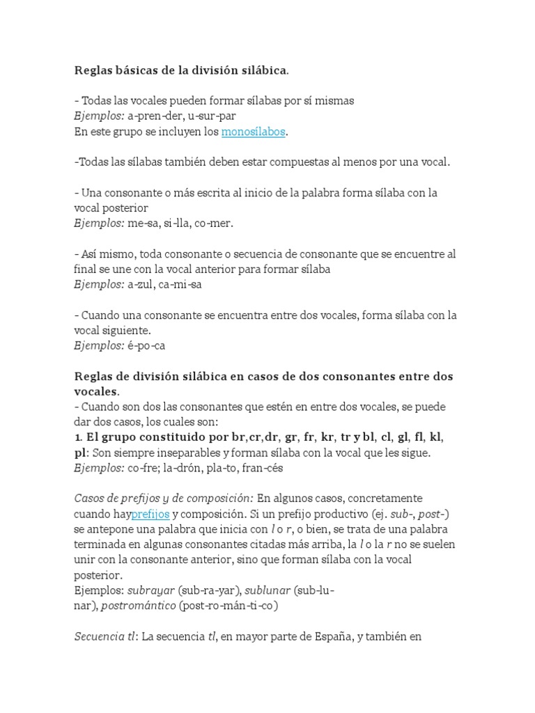 Reglas Básicas de La División Silábica | Sílaba | Vocal