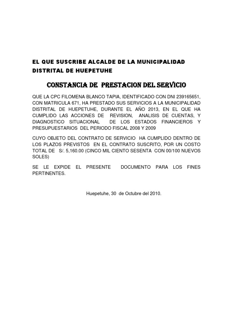 Constancia De Prestacion Del Servicio El Que Suscribe