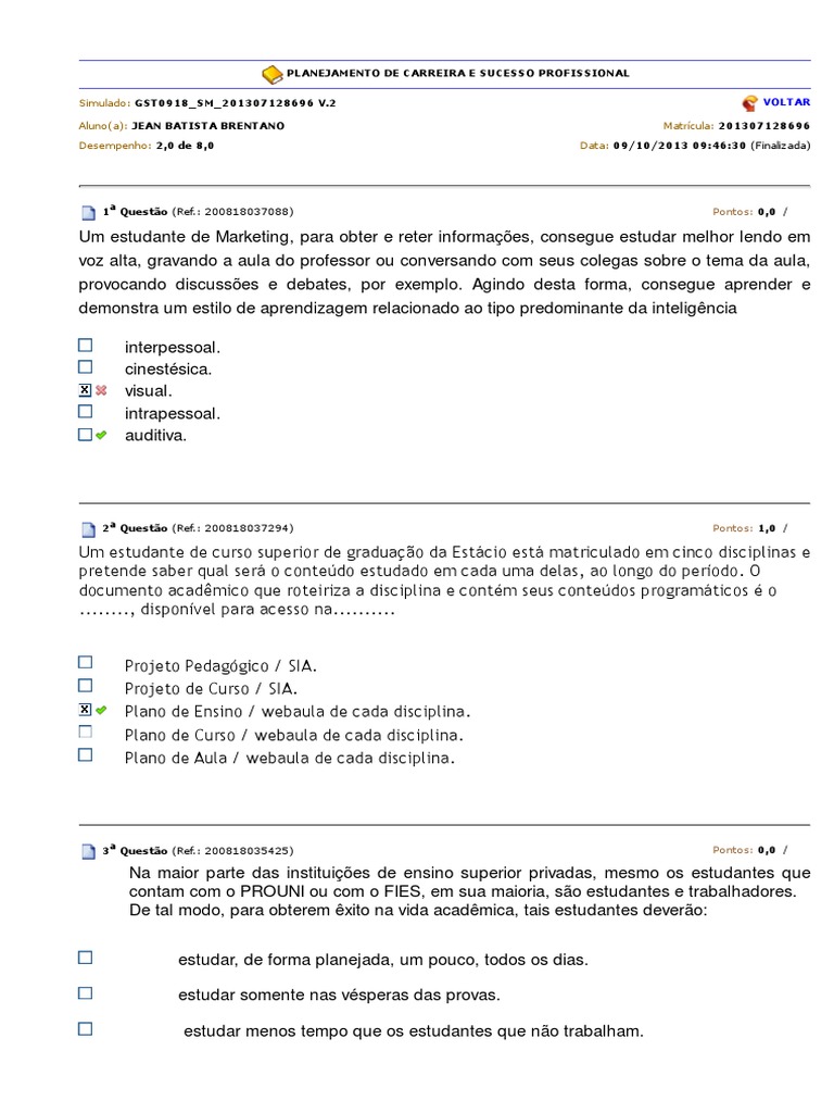 Simulado II PLANEJAMENTO DE CARREIRA E SUCESSO PROFISSIONAL PDF | PDF