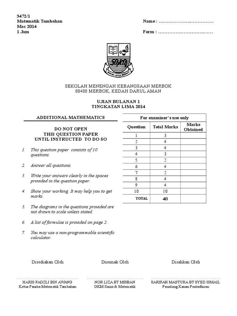 Ujian Bulanan 1 Matematik Tambahan Tingkatan 5 Pdf Mathematical Concepts Mathematical Objects