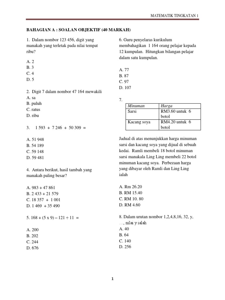 Soalan Matematik Tingkatan 1 Pdf