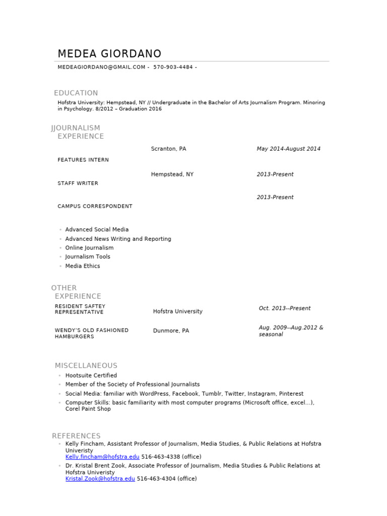 Journalism Resume of Medea Giordano | PDF | Social Science