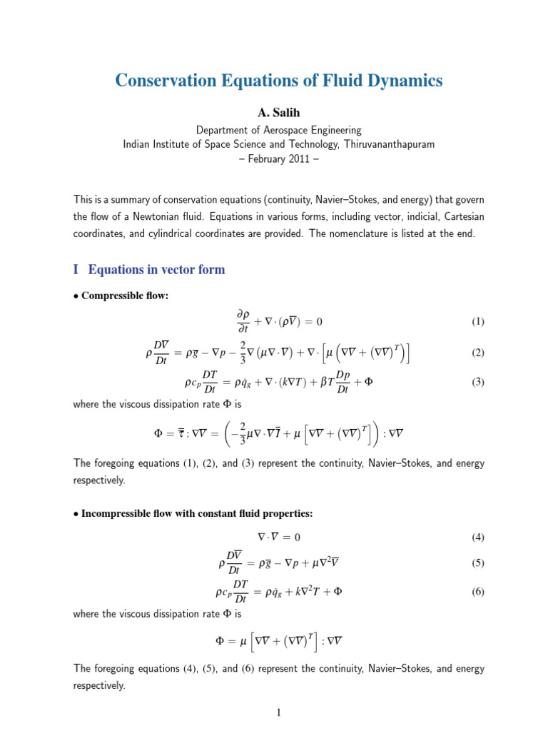 Conservation Equations of Fluid Dynamics I Equations in vector form