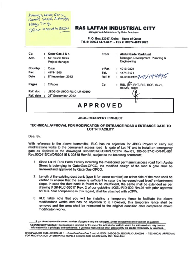 Ras Laffan Gate Modification Approval | PDF