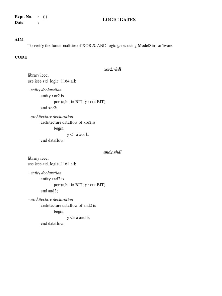 VHDL Logic Gates and Adders Experiments | PDF | Vhdl | Arithmetic