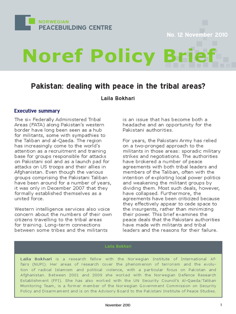 Noref Policy Brief: Pakistan: Dealing With Peace in The Tribal Areas ...