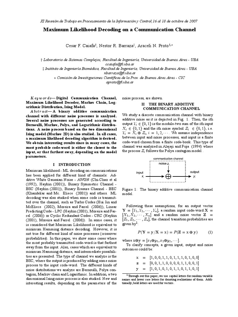Maximum likelihood decoding on a communication channel cesar f caiafa
